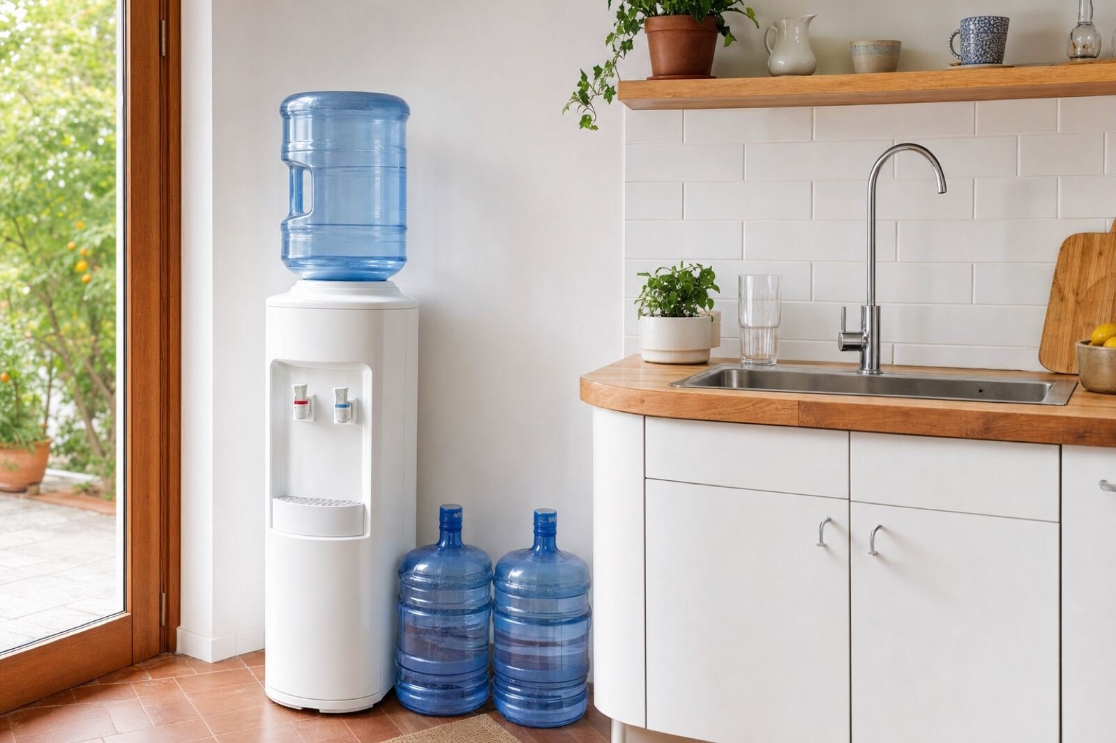 Dispensador de agua con garrafas junto a una cocina con grifo de ósmosis