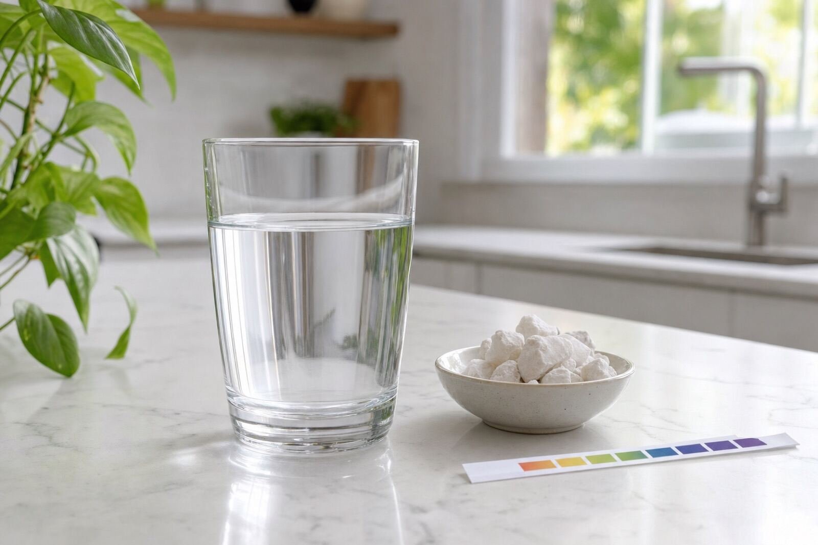Vaso de agua junto a minerales y una tira de pH