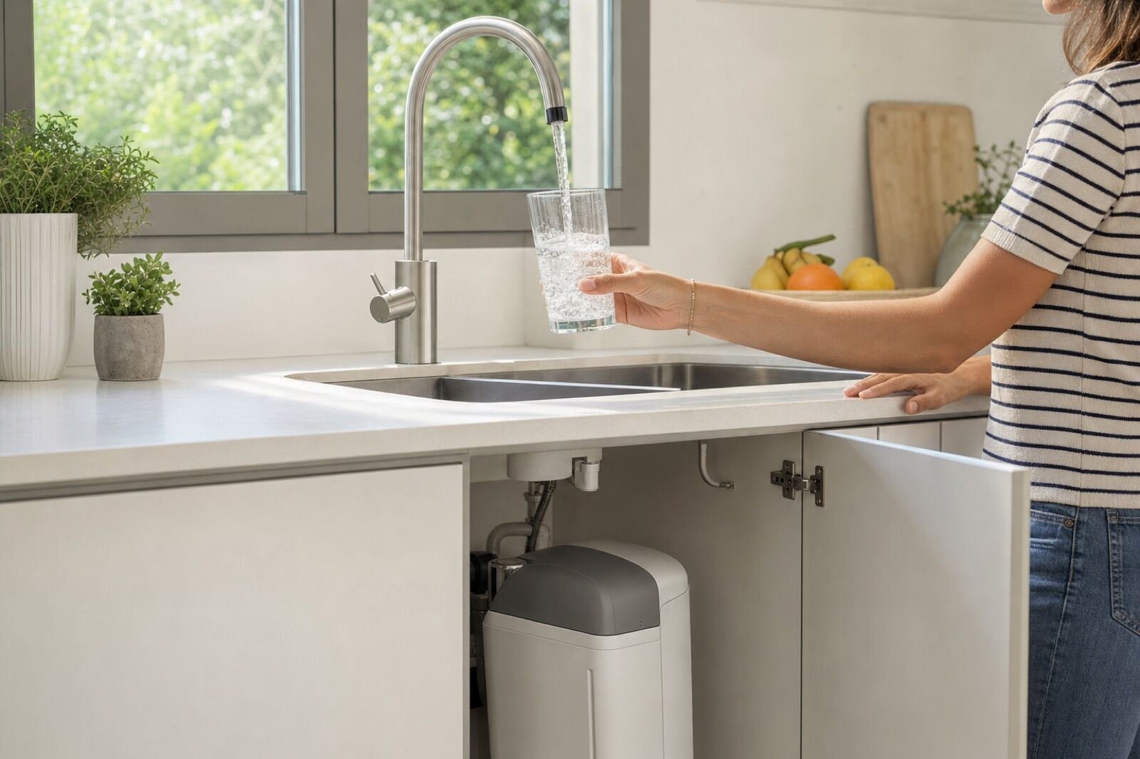 Vaso de agua llenándose en el grifo de la cocina con un descalcificador debajo