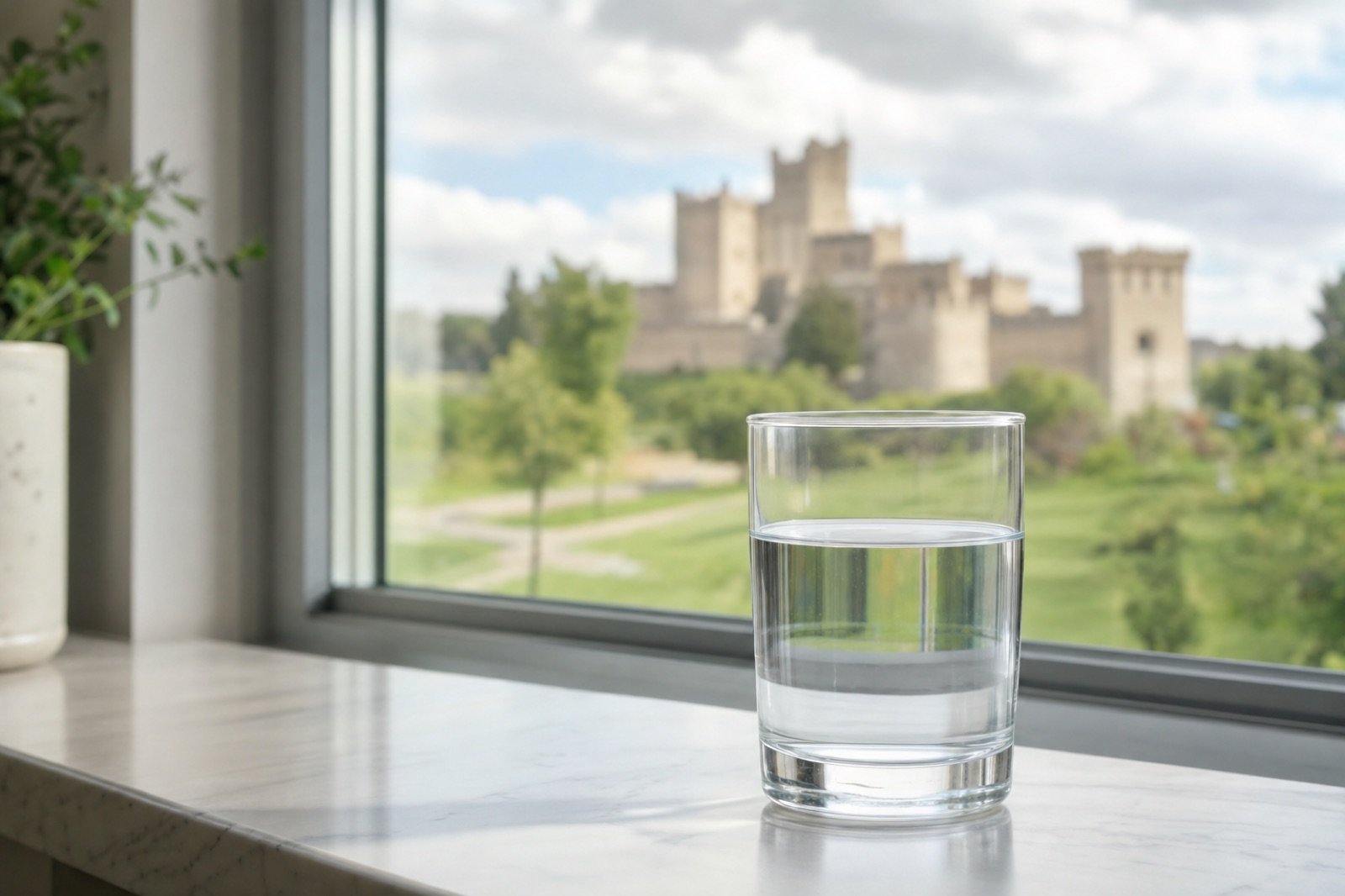 Vaso de agua del grifo con vistas a Alcorcón