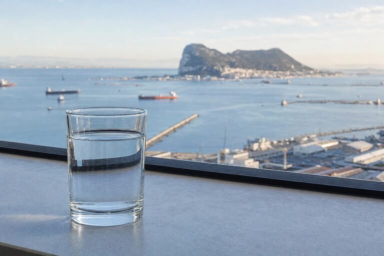 Vaso de agua del grifo con vistas a Algeciras