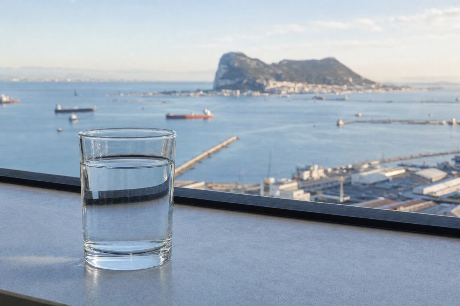 Vaso de agua del grifo con vistas a Algeciras