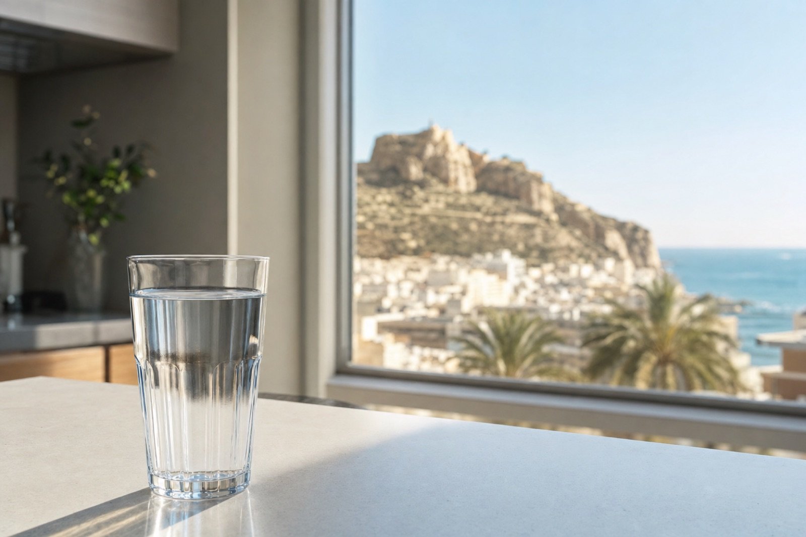 Vaso de agua en una cocina con vistas al castillo y al mar de Alicante