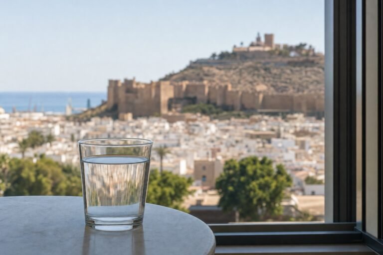 Vaso de agua del grifo con vistas a Almería