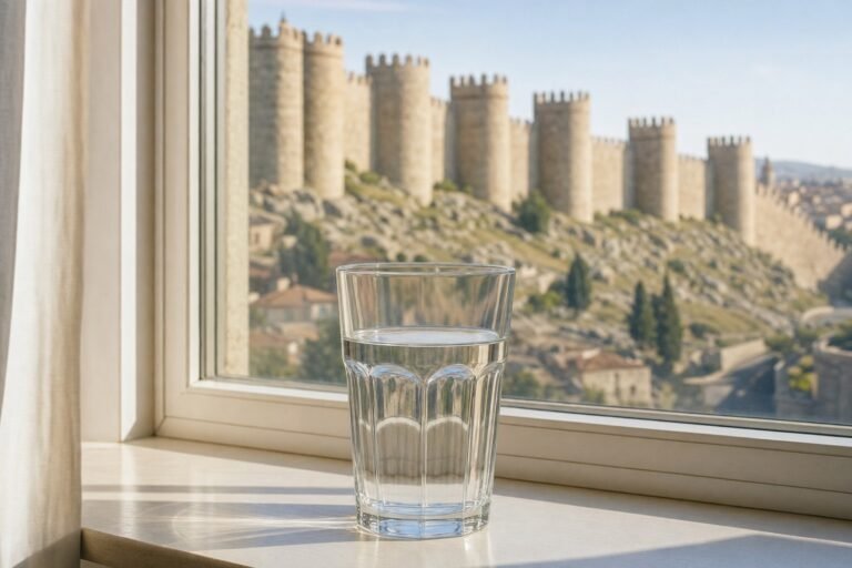 Vaso de agua del grifo con vistas a Ávila