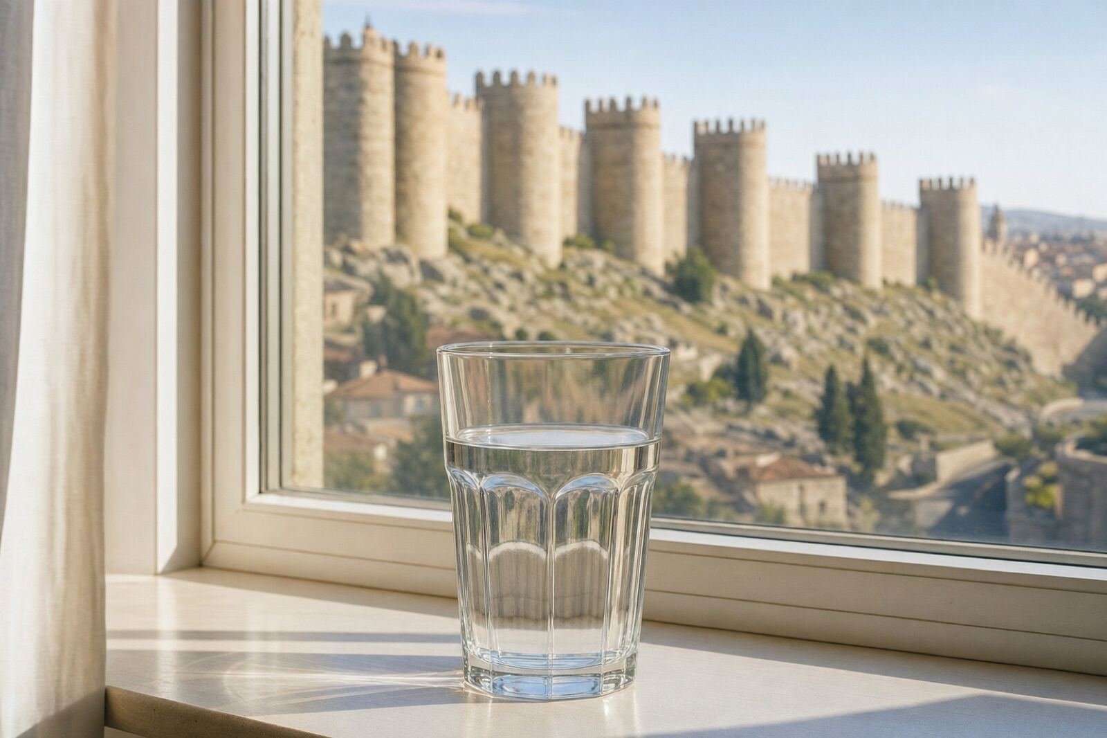 Vaso de agua del grifo con vistas a Ávila