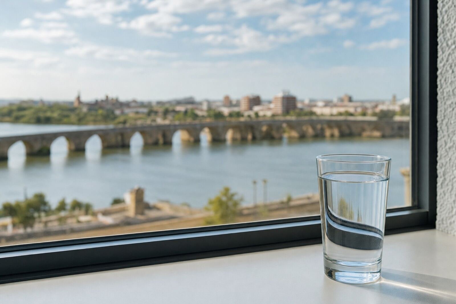 Vaso de agua del grifo con vistas a Badajoz