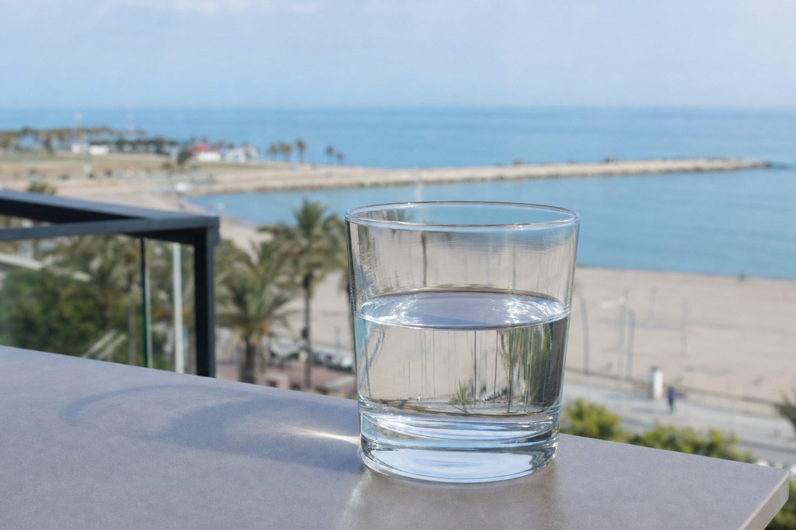 Vaso de agua del grifo con vistas a Badalona
