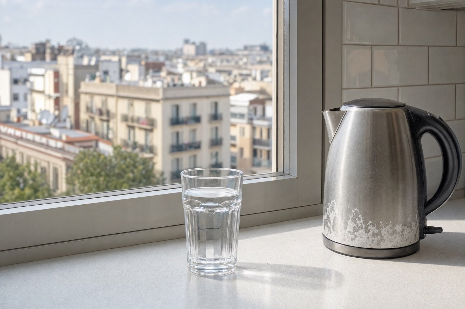 Vaso de agua y hervidor con cal en una cocina de Barcelona