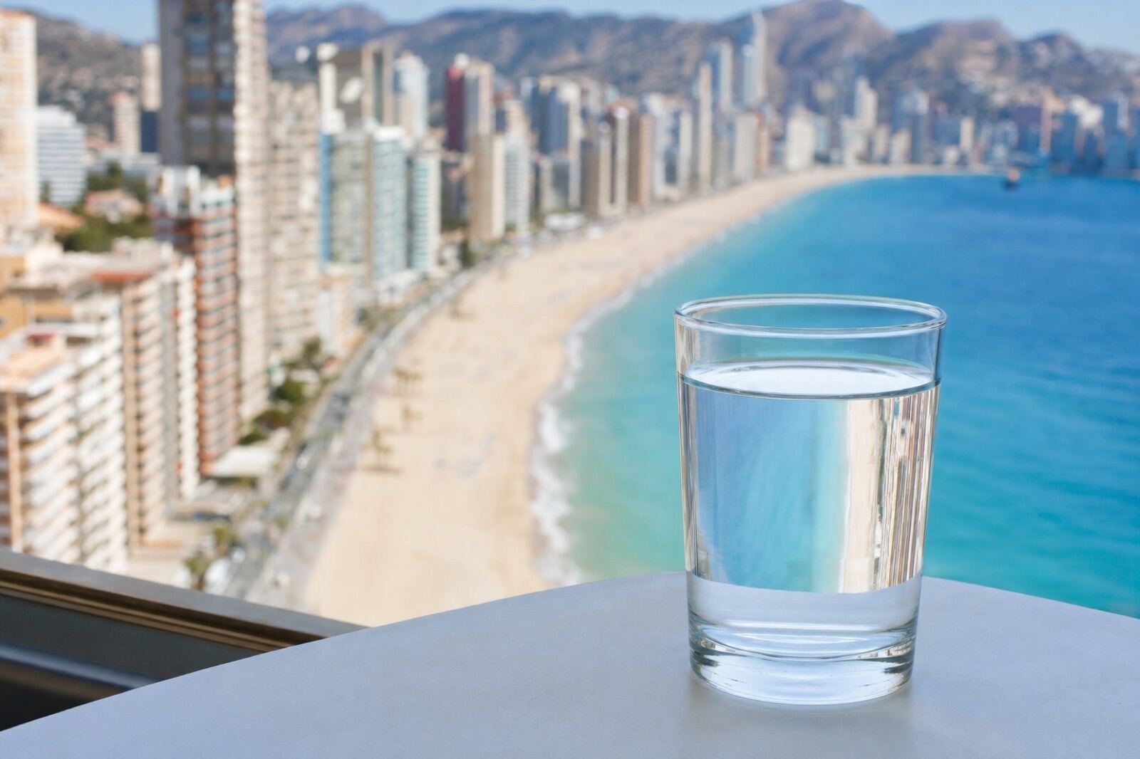 Vaso de agua del grifo con vistas a Benidorm