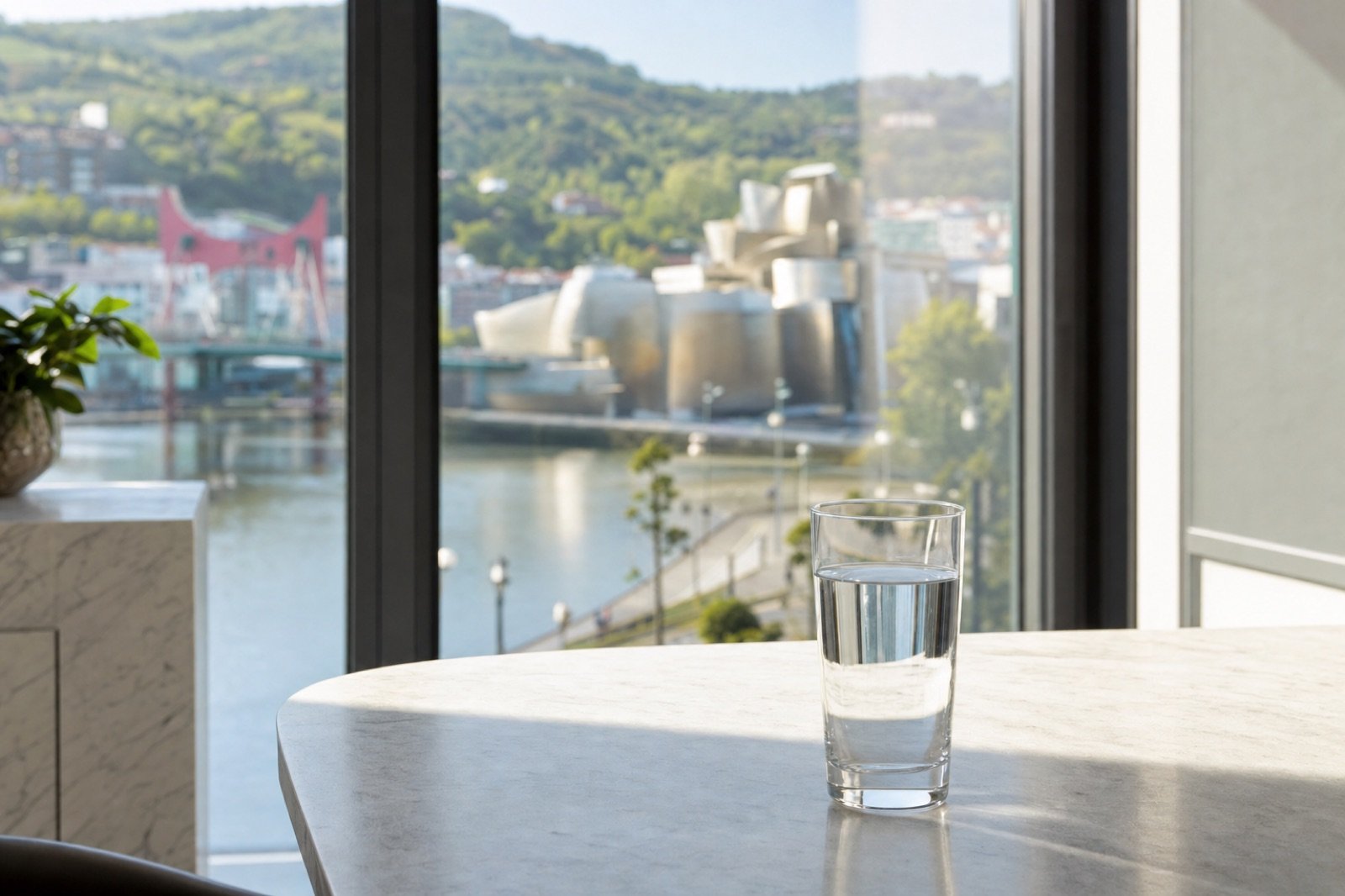 Vaso de agua en una mesa con vistas a la ría de Bilbao