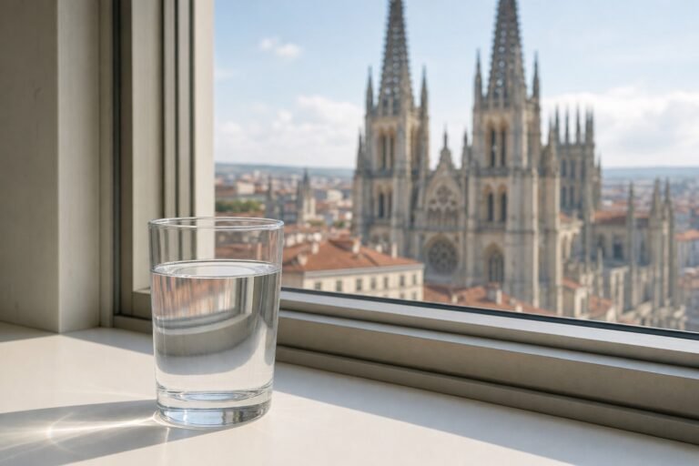 Vaso de agua del grifo con vistas a Burgos