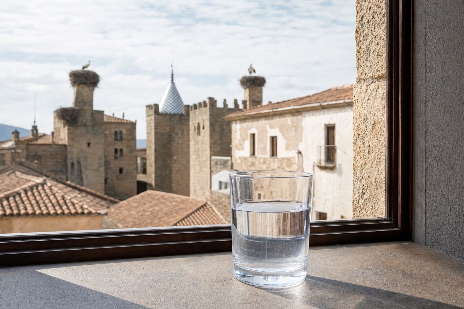 Vaso de agua del grifo con vistas a Cáceres