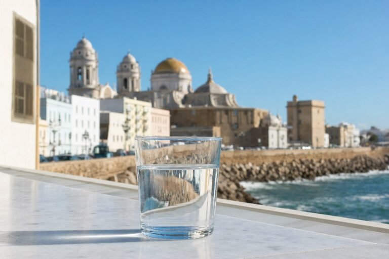 Vaso de agua del grifo con vistas a Cádiz