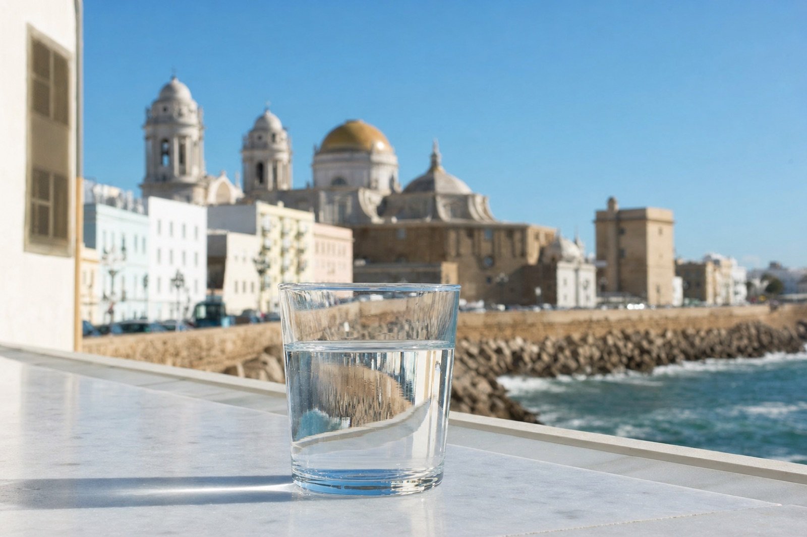 Vaso de agua del grifo con vistas a Cádiz