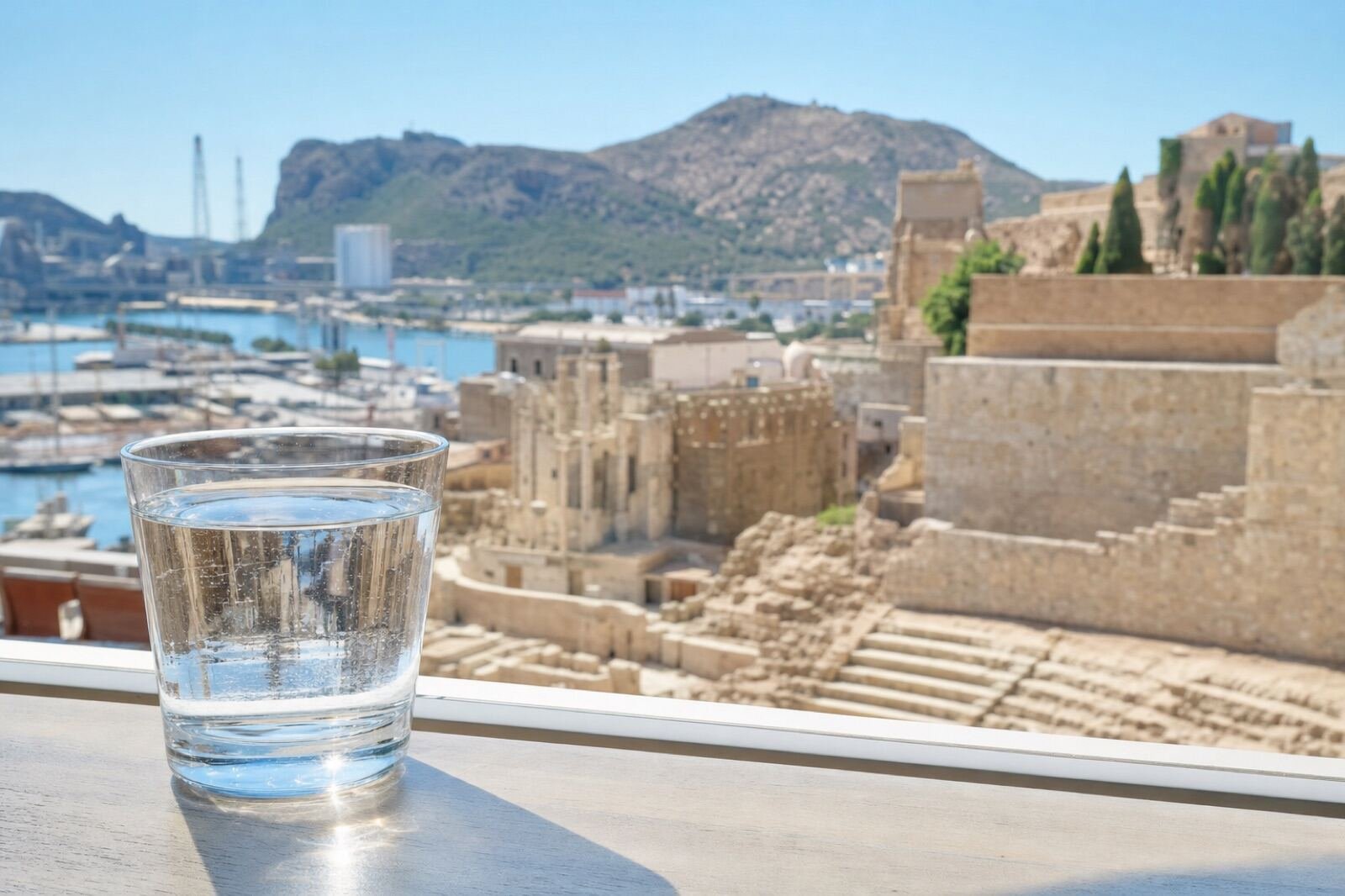 Vaso de agua del grifo con vistas a Cartagena