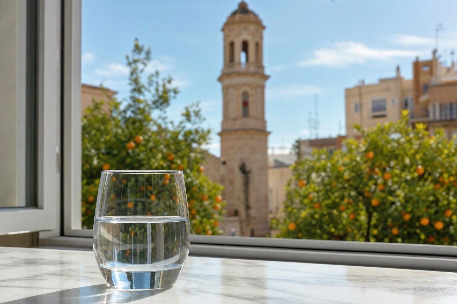 Vaso de agua del grifo con vistas a Castellón de la Plana
