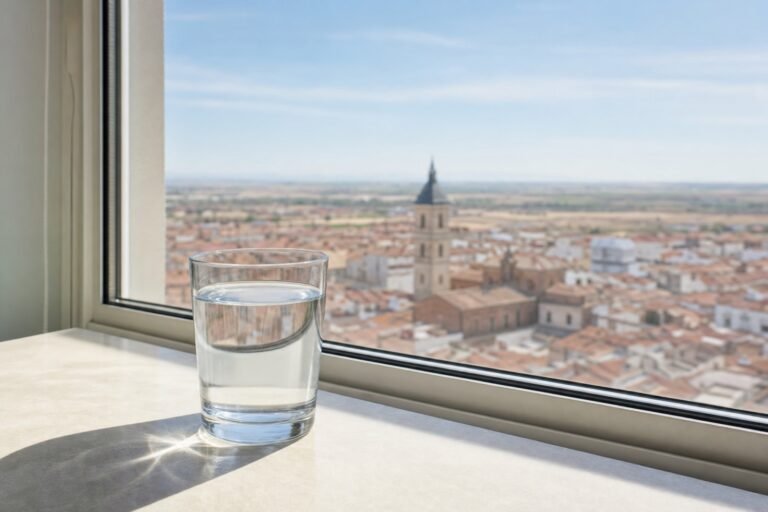 Vaso de agua del grifo con vistas a Ciudad Real