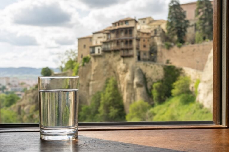 Vaso de agua del grifo con vistas a Cuenca
