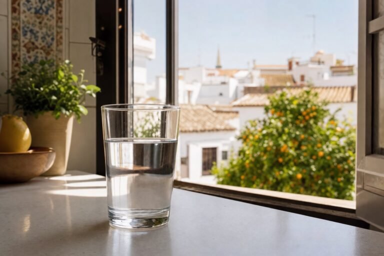 Vaso de agua del grifo con vistas a Dos Hermanas