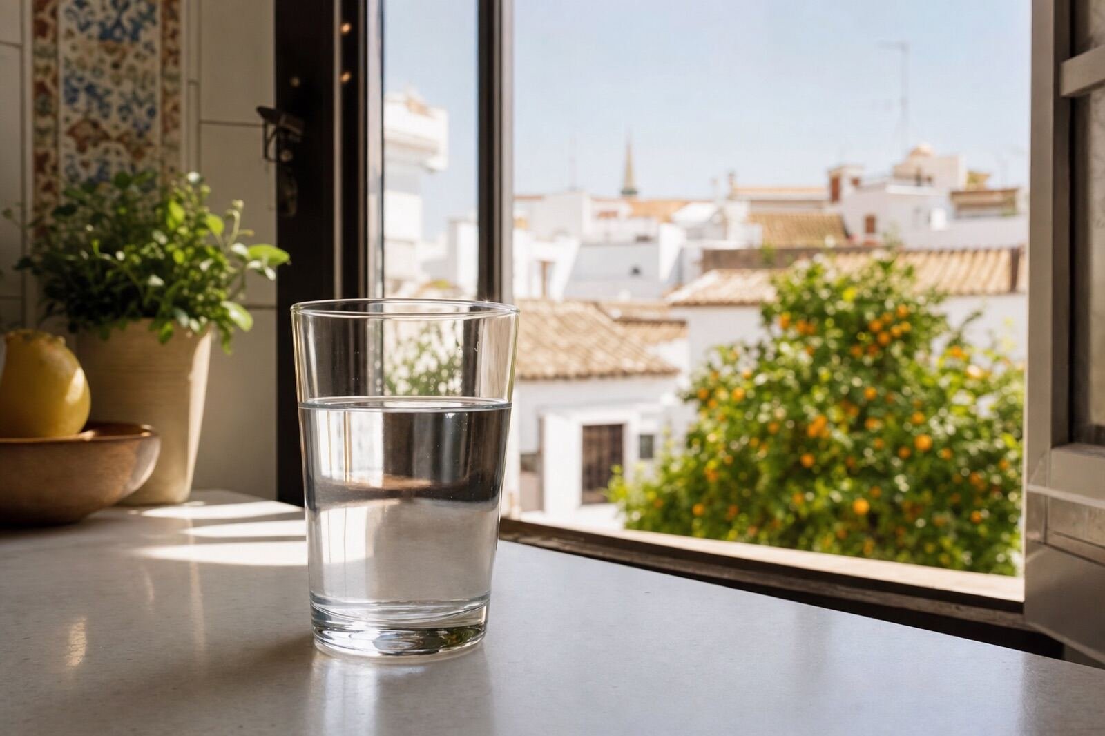 Vaso de agua del grifo con vistas a Dos Hermanas