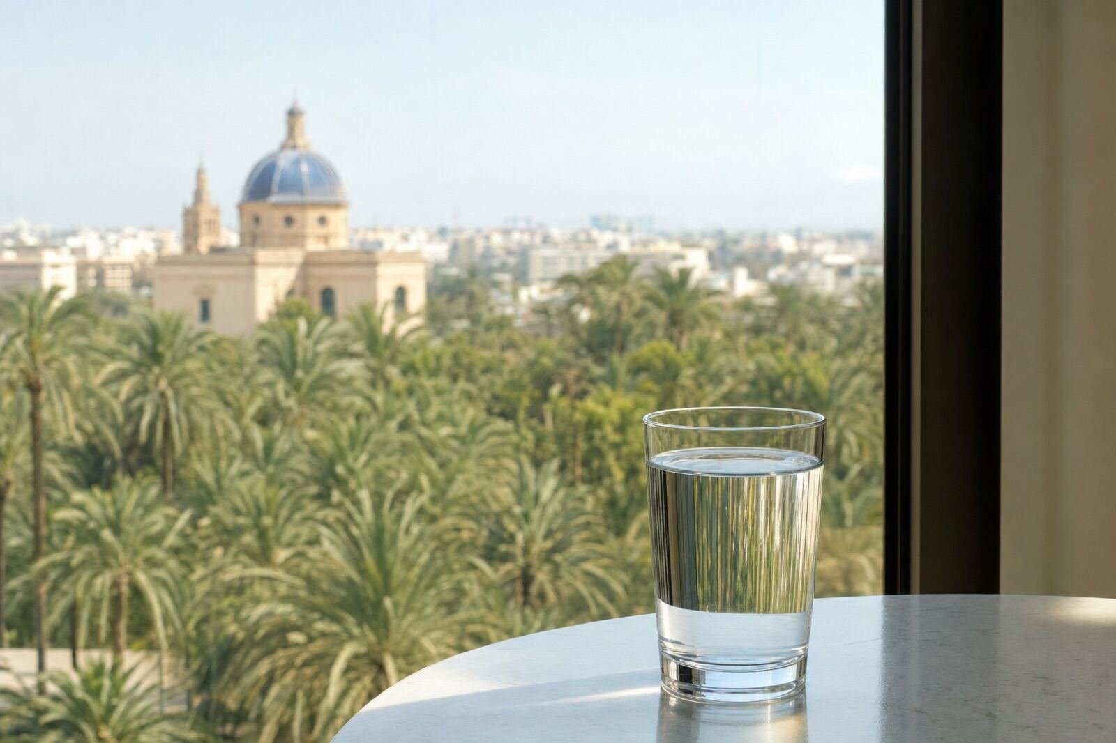 Vaso de agua del grifo con vistas a Elche
