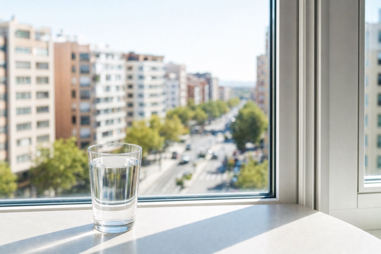 Vaso de agua del grifo con vistas a Fuenlabrada