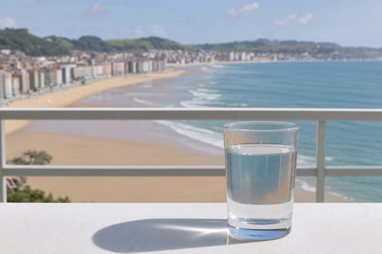Vaso de agua del grifo con vistas a Gijón