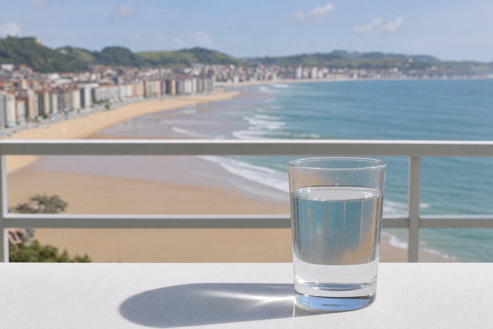 Vaso de agua del grifo con vistas a Gijón