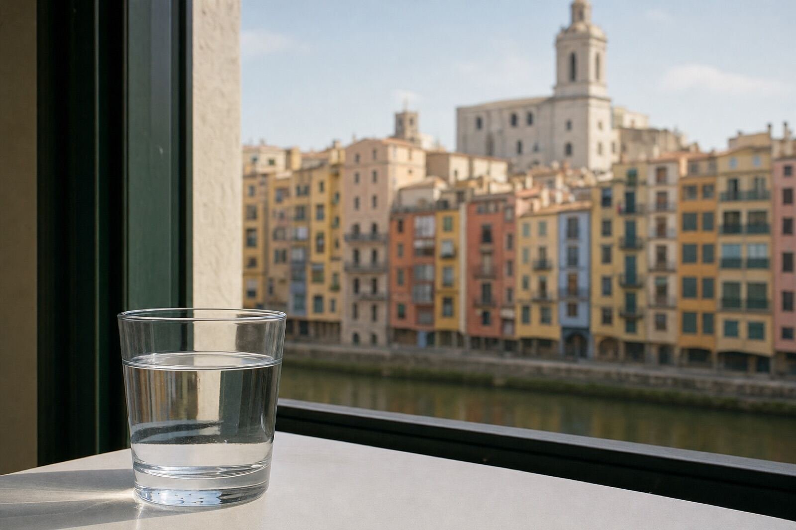 Vaso de agua del grifo con vistas a Girona