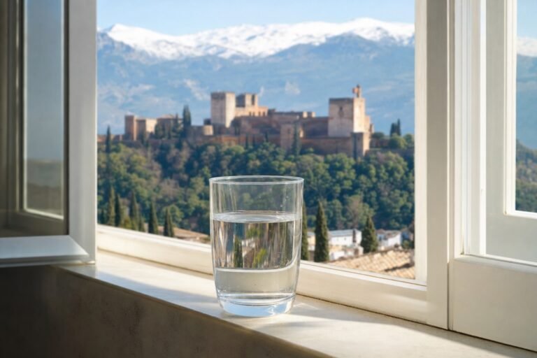 Vaso de agua en una ventana con vistas a la Alhambra y Sierra Nevada