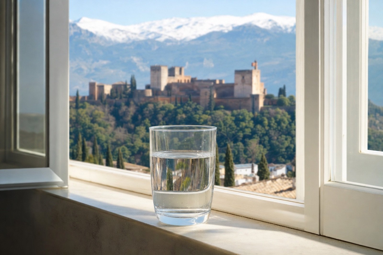 Vaso de agua en una ventana con vistas a la Alhambra y Sierra Nevada