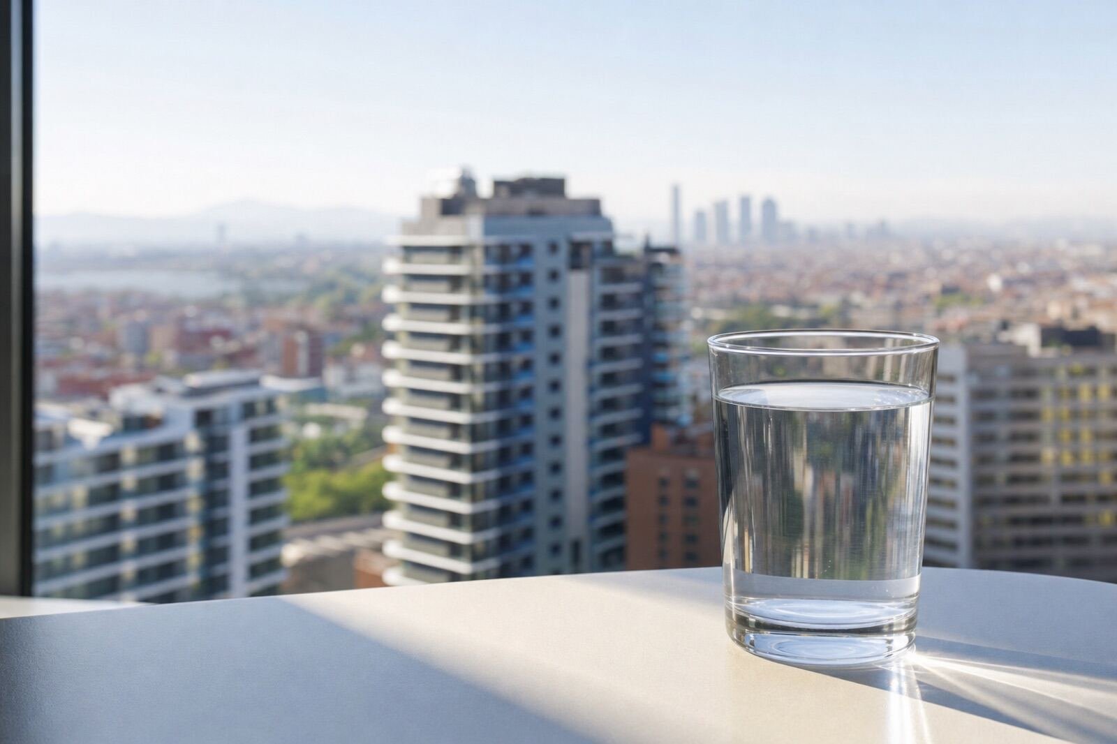 Vaso de agua del grifo con vistas a L'Hospitalet de Llobregat
