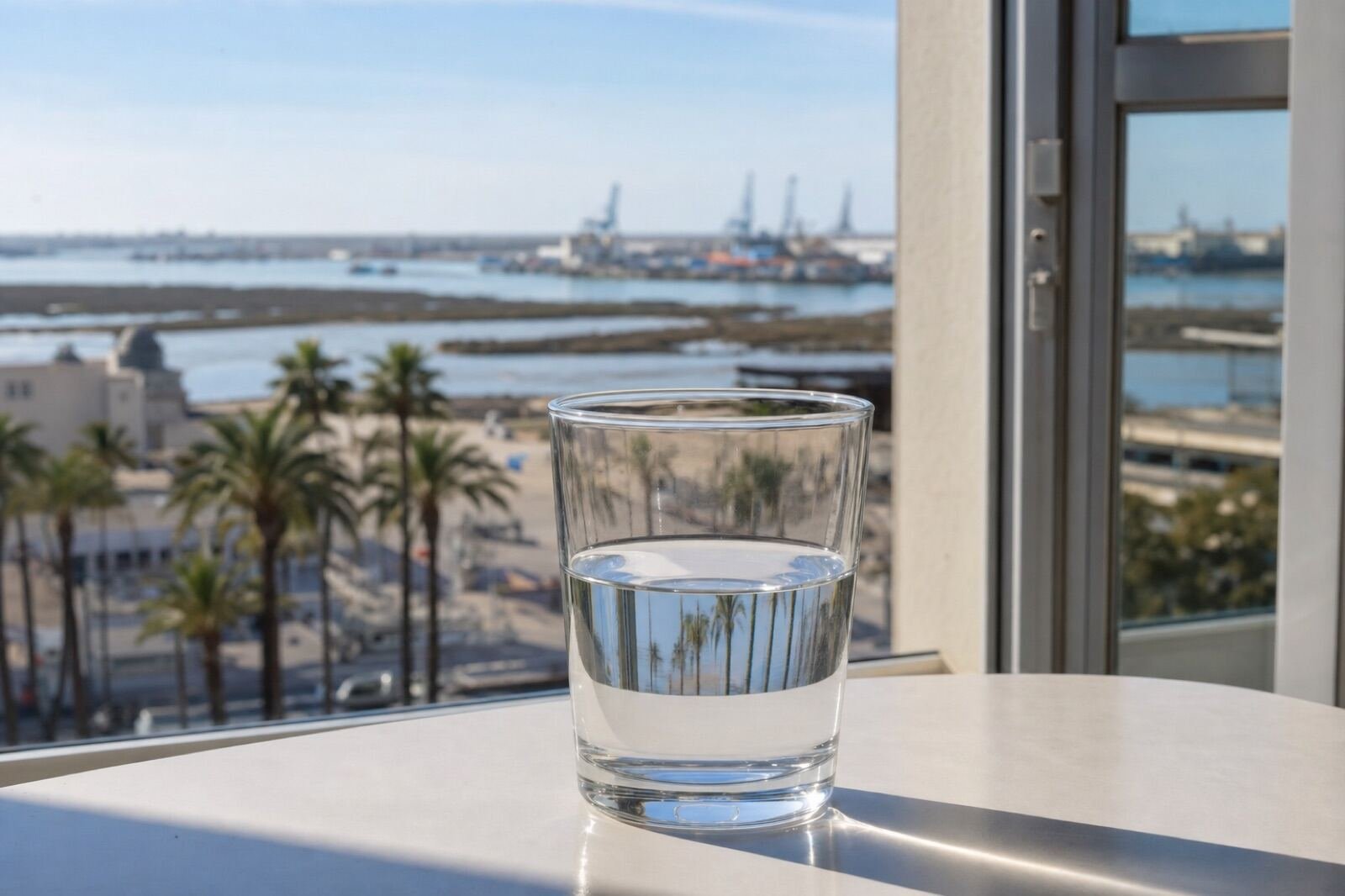 Vaso de agua del grifo con vistas a Huelva