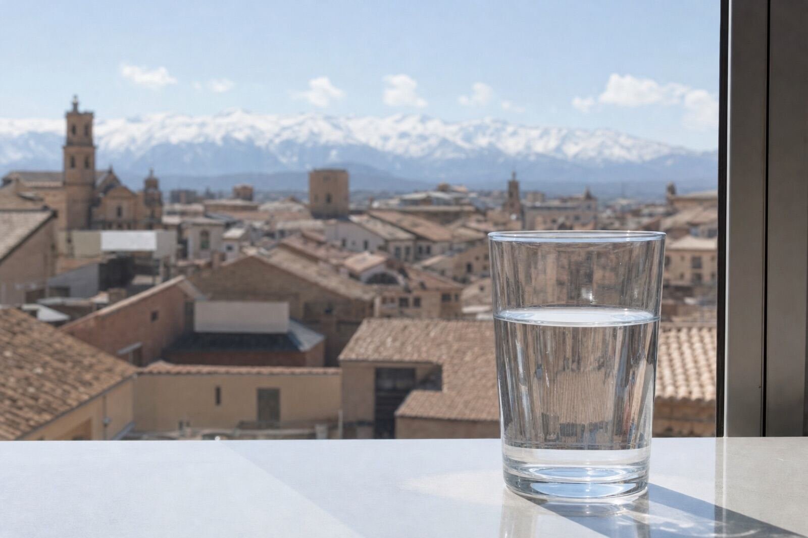 Vaso de agua del grifo con vistas a Huesca