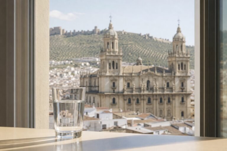 Vaso de agua del grifo con vistas a Jaén