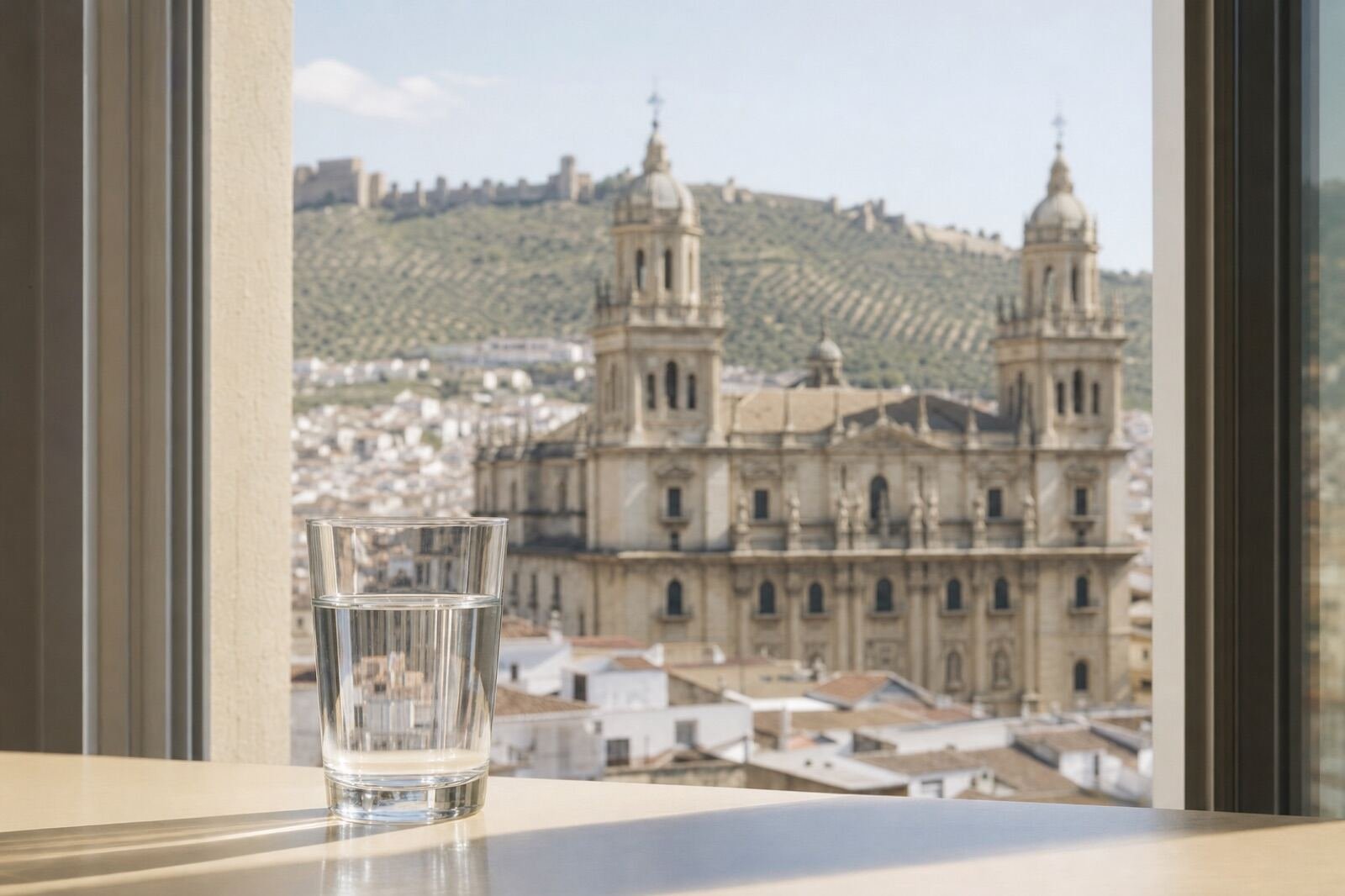 Vaso de agua del grifo con vistas a Jaén