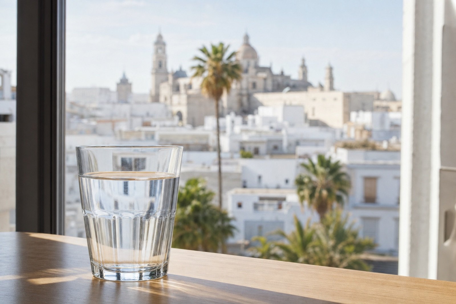 Vaso de agua del grifo con vistas a Jerez de la Frontera