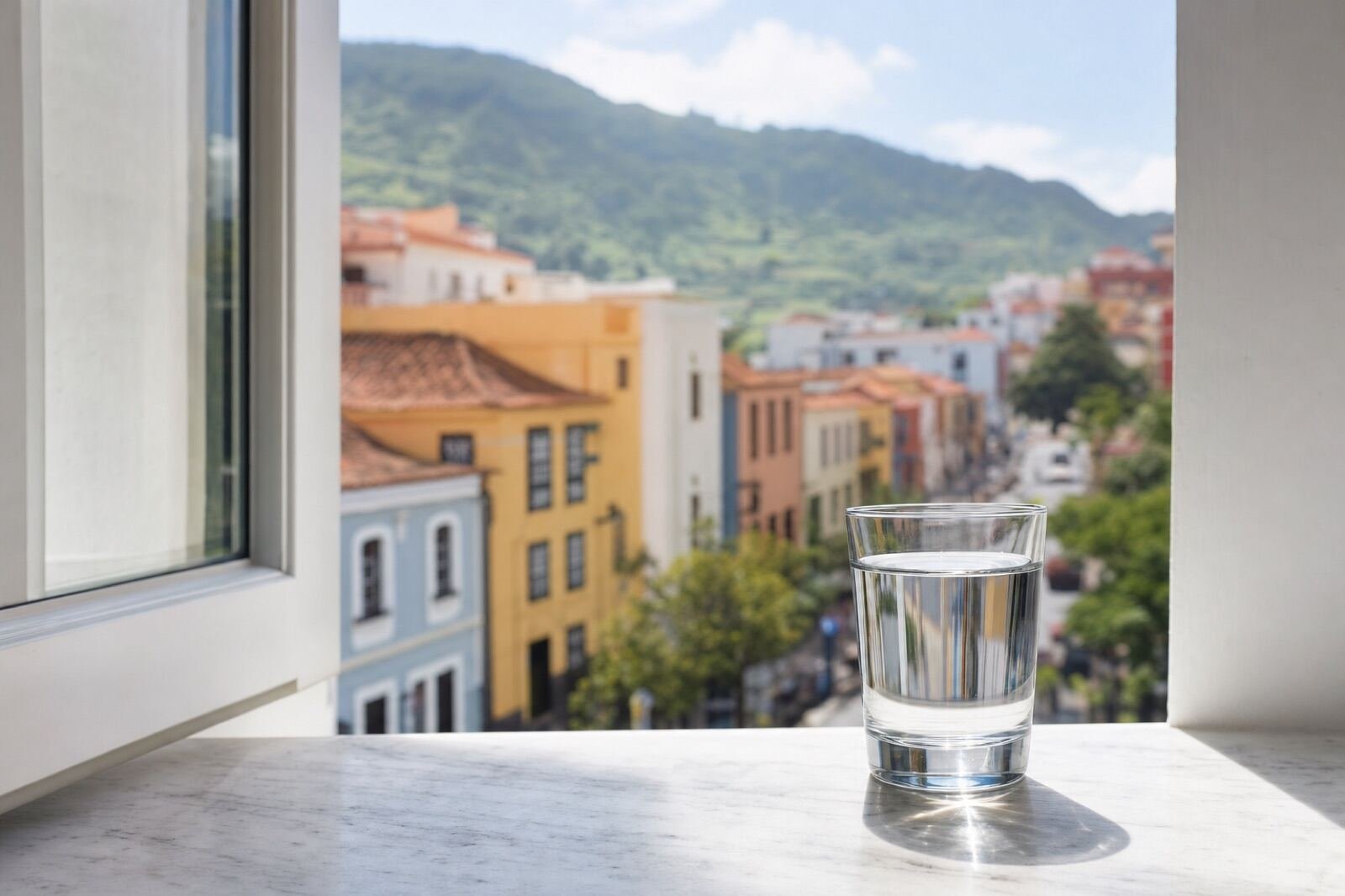 Vaso de agua del grifo con vistas a San Cristóbal de La Laguna