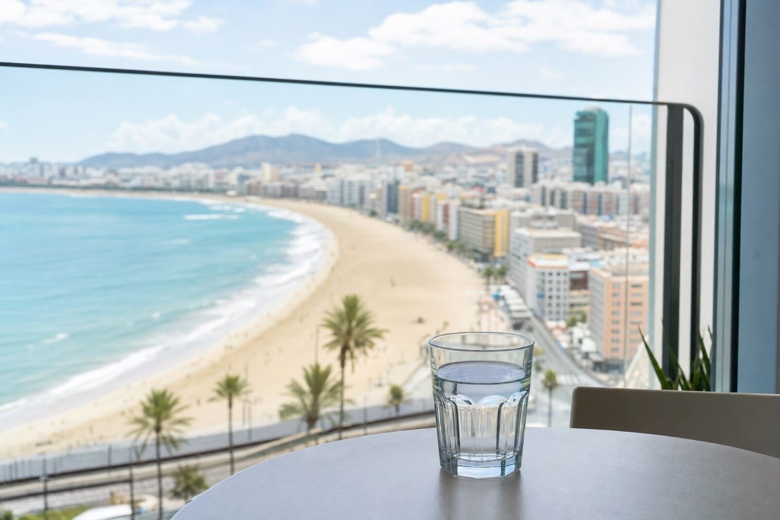 Vaso de agua en una terraza con vistas a la playa de Las Palmas de Gran Canaria