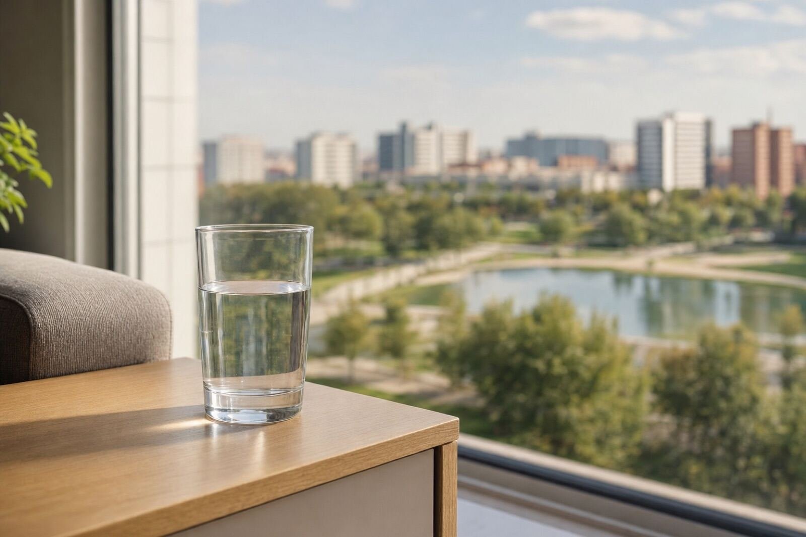 Vaso de agua del grifo con vistas a Leganés