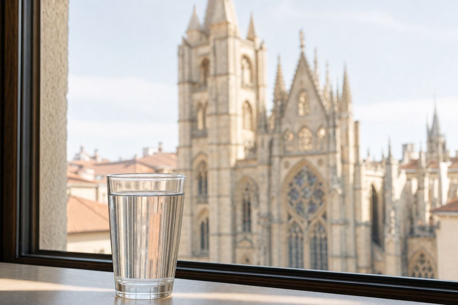 Vaso de agua del grifo con vistas a León