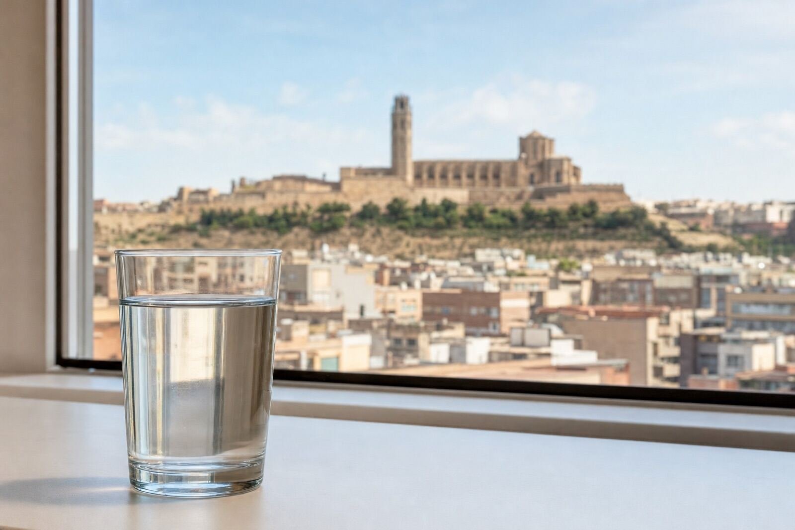 Vaso de agua del grifo con vistas a Lleida