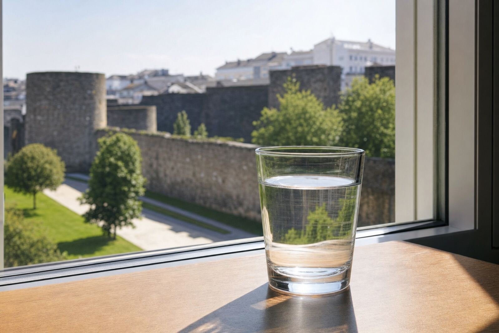 Vaso de agua del grifo con vistas a Lugo