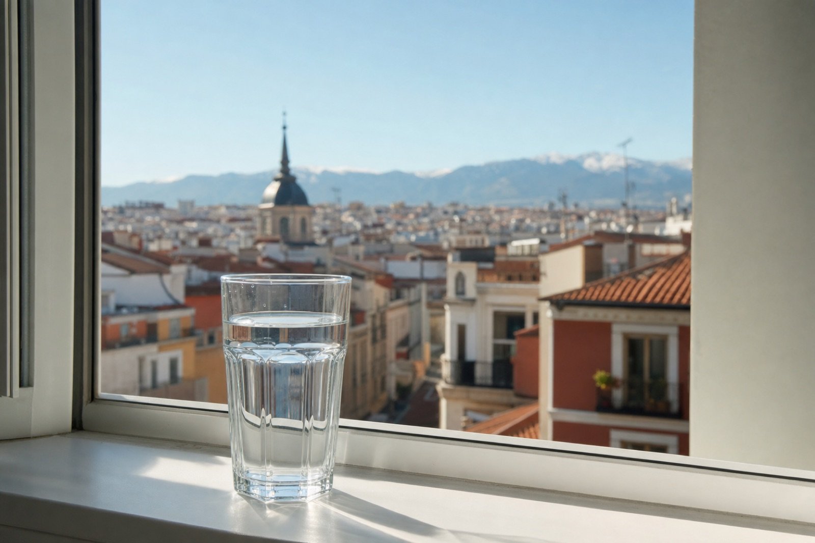 Vaso de agua del grifo junto a una ventana con vistas a los tejados de Madrid y la sierra