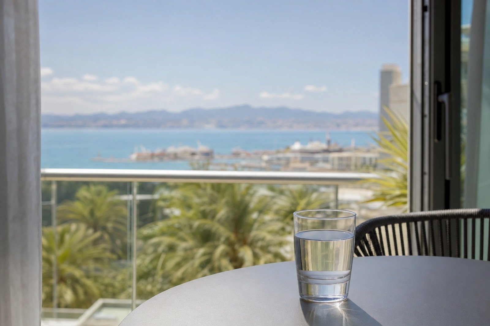 Vaso de agua en una terraza con vistas al puerto y al mar de Málaga