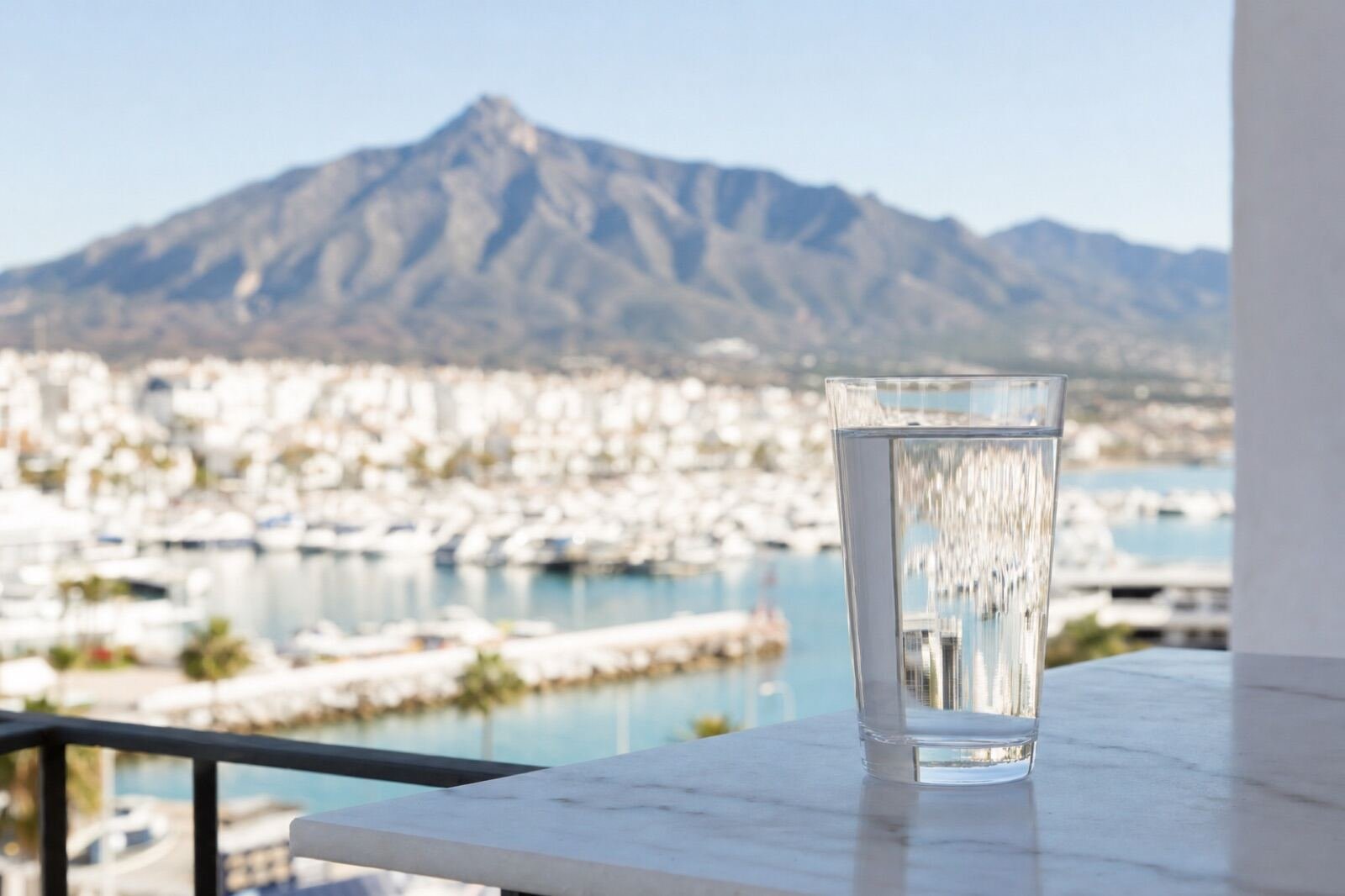 Vaso de agua del grifo con vistas a Marbella