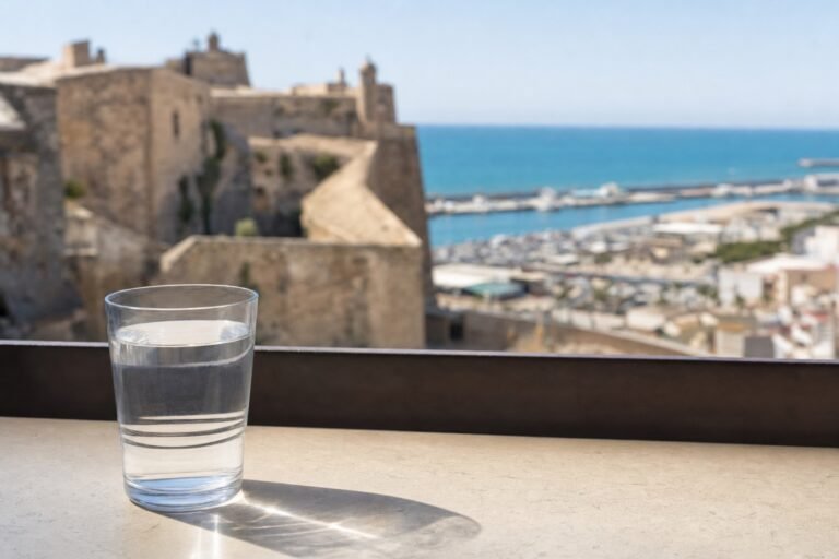 Vaso de agua del grifo con vistas a Melilla