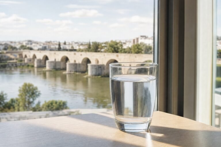 Vaso de agua del grifo con vistas a Mérida