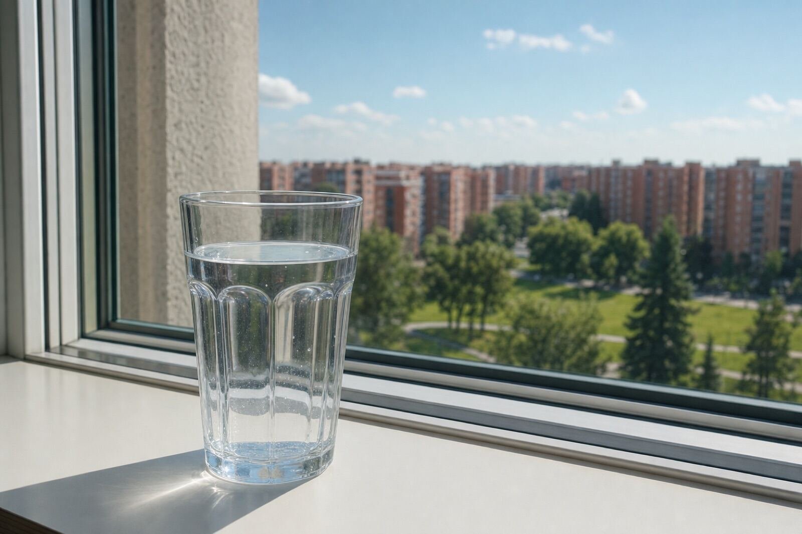Vaso de agua del grifo con vistas a Móstoles